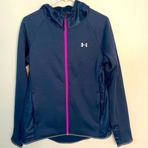 Women’s Under Armour- Medium full zip jacket w/ hood. Navy blue with pink trim.
